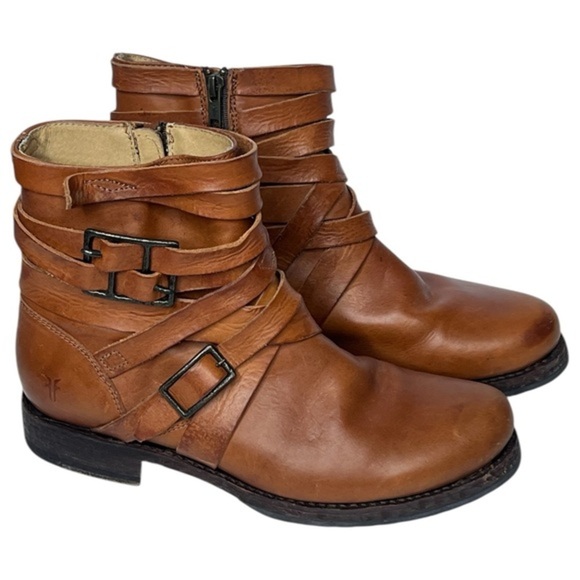 FRYE Veronica Tanker Cognac Brown Leather Strappy Belted Moto Combat‎ Boots 8.5B